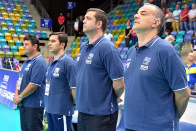 Sotirios Drikos coach of Greece during the national anthem
