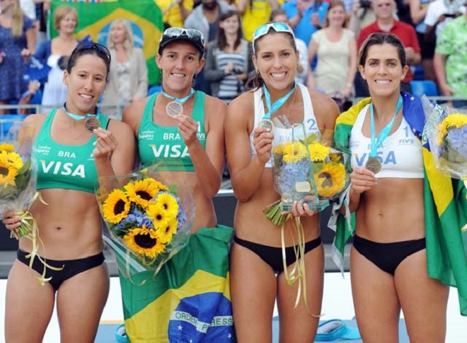 2011 Visa FIVB Beach Volleyball International Bronze Medalists Brazil's Vivian Cunha/Taiana Lima and Gold Medalists Brazil's Liliane Maestrini/Angela Vieira